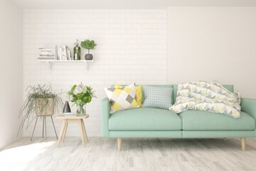 White living room with sofa. Scandinavian interior design. 3D illustration