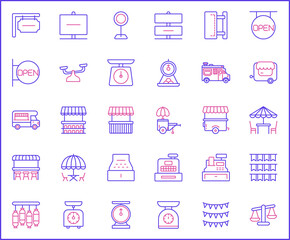 Set of vendor and store Icons line style. Contains such Icons as shop, sign board, shopping, street food, vendor booth, food cart, market And Other Elements. customize color, easy resize.