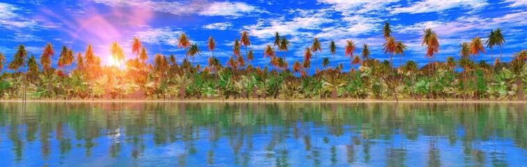 Obraz premium Panorama of the coast with palm trees at sunset, palm trees in a row above the water, 3D rendering