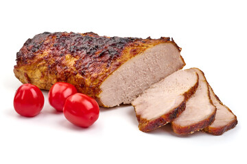 Baked pork roast, spicy glazed meat, isolated on white background. High resolution image