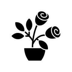 Rose bushes black glyph icon. Planting beutiful plants in home garden. Big flower growing farm with wide fields. Special plants. Silhouette symbol on white space. Vector isolated illustration