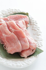 freshness pork slices on leaf for prepared ingredient