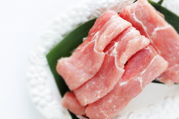 freshness pork slices on leaf for prepared ingredient