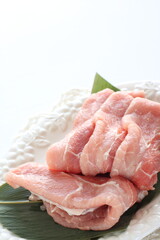 freshness pork slices on leaf for prepared ingredient