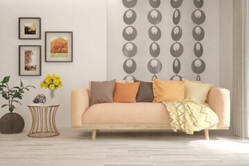 White living room with sofa. Scandinavian interior design. 3D illustration