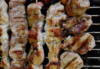 Assorted delicious grilled meat over the coals on a barbecue.