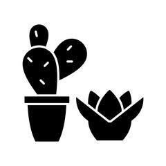 Succulents and cacti black glyph icon. Special desert plants that grow in warm dry areas. Growing plants at home in special pots. Silhouette symbol on white space. Vector isolated illustration