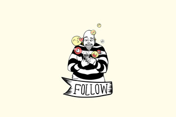 Social media impressions background in yellow with cartoon man illustration