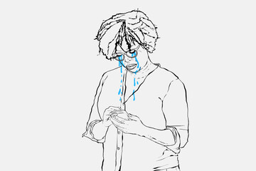 Crying woman gray background illustration for cyberbullying campaign