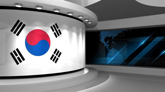TV studio. Korea. Korean flag. News studio.  Loop animation. Background for any green screen or chroma key video production. 3d render. 3d 