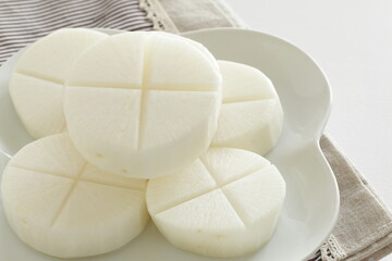 prepared radish on dish with copy space