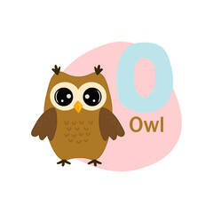 Animals alphabet. Cute owl isolated on white background. Vector illustration for teaching children learning a foreign language. English alphabet. Letter o