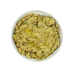 Boiled and mashed green mung beans, isolated on white background. Green mung beans purre.