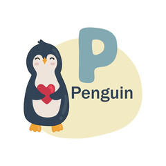Animals alphabet. Cute penguin isolated on white background. Vector illustration for teaching children learning a foreign language. Letter p