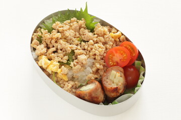 Japanese style minced chicken and potato pork roll packed lunch
