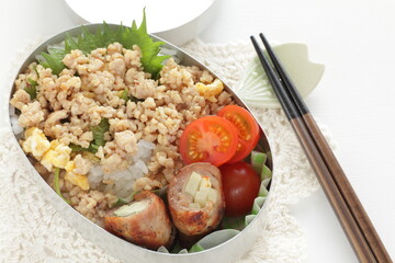 Japanese style minced chicken and potato pork roll packed lunch