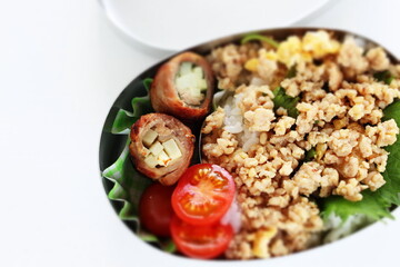Japanese style minced chicken and potato pork roll packed lunch