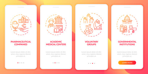 Clinical trials funding onboarding mobile app page screen with concepts. Academic med centers walkthrough 4 steps graphic instructions. UI, UX, GUI vector template with linear color illustrations