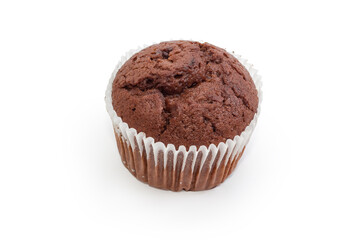 Sweet chocolate muffin in paper cup on a white background