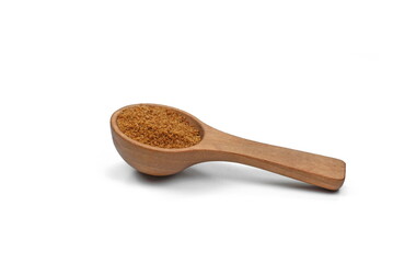 Coconut palm sugar isolated on white. brown coconut palm sugar. Coconut palm sugar as a sprinkle for cakes and pies