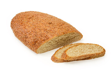 Partly sliced wheat bread with bran on white background