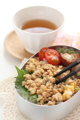 Japanese style minced chicken and potato pork roll packed lunch