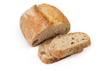 Partly sliced wheat unleavened bread with bran on white background