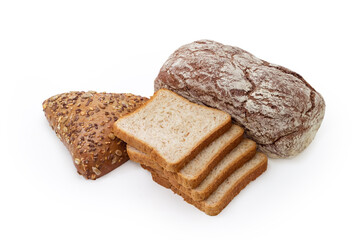 Brown bread, slices of toast bread and multigrain triangular bun