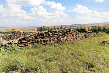 ancient stacked stone wall ruins in the hills of Machadodorp, South Africa