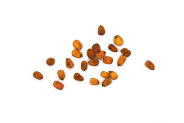 Pile of toasted salted corn on a white background. Salted roasted corn with chili pepper.