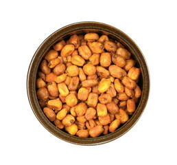 Pile of toasted salted corn in a bowl on a white background. Salted roasted corn with chili pepper.