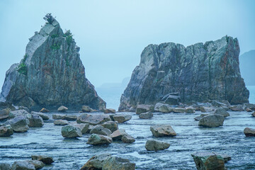 Fototapeta na wymiar 雨の日の橋杭岩
