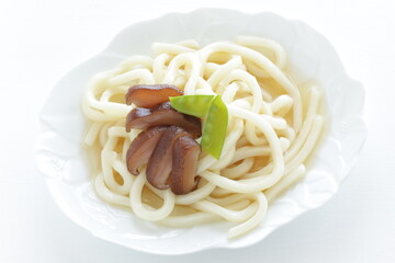Japanese food, shiitake mushroom and pea Udon noodles with copy space