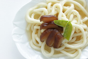 Japanese food, shiitake mushroom and pea Udon noodles with copy space