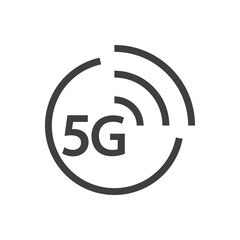 Logotipo de red inalámbrica o wifi de alta velocidad. Texto 5G en círculo con olas con lineas de color gris