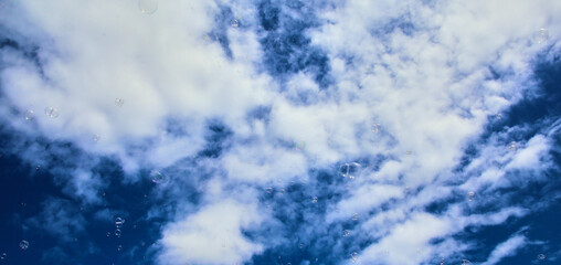 Fototapeta premium Colorful Soap Bubbles Against Blue Sky Background