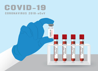 Coronavirus vaccine COVID-19. Small bottle in glove with blood in rack for 2019-nCoV analyzing.