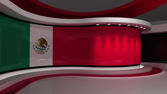 Mexico. Mexican flag. TV studio. News studio.  Loop animation. Background for any green screen or chroma key video production. 3d render. 3d 