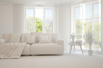 White living room with sofa and summer landscape in window. Scandinavian interior design. 3D illustration