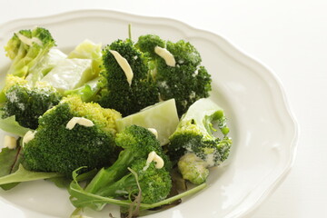 boiled broccoli and mayonnaise salad with copy space