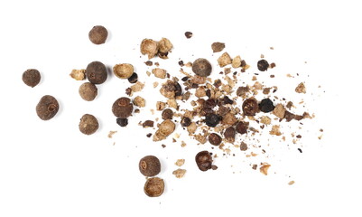Allspice, pimento spice, Jamaican pepper and shavings isolated on white background, top view