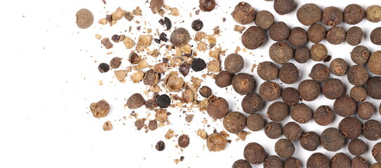 Allspice, pimento spice, Jamaican pepper and shavings isolated on white background, top view