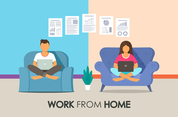 A man and a girl work for laptops online with the inscription Work from home. file transfer.