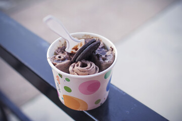 Tasty chocolate icecream with delicious toppings from an Ice cream shop 