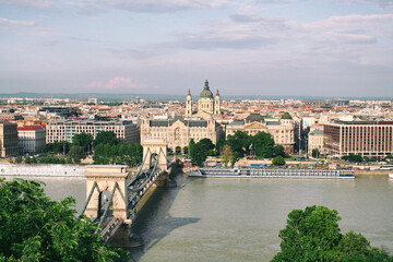 Fototapeta na wymiar Panorama of Budapest, Hungary, with the Chain Bridge and the Parliament