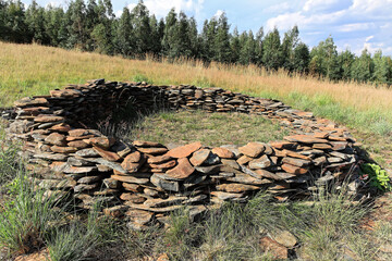 ancient stacked stone circle ruins in the hills of Machadodorp, South Africa