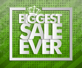 Biggest sale ever paper marker banner tag. Abstract pointer sale pop-art style background. Advertising paper cut discounts poster illustration. Text frame "BIGGEST SALE EVER" paper brochure billboard