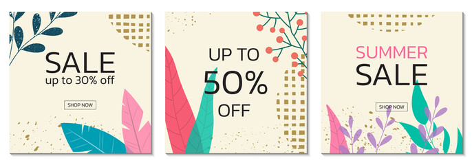 Naklejka premium Sale banner background set with floral pattern. Abstract art posters, squrae cards for spring, summer or autumn discount design. Social media post or story template. Vector illustration. 