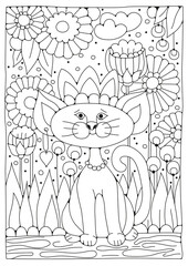 Coloring page for children and adults. A cute cat is sitting in the garden with flowers. Vector illustration for coloring. Black-white ornament. Art line. Art therapy.