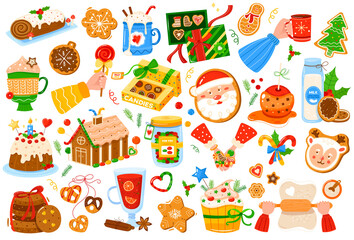 Christmas attributes, traditional celebration, sweets gingerbread, design cartoon style vector illustration, isolated on white.